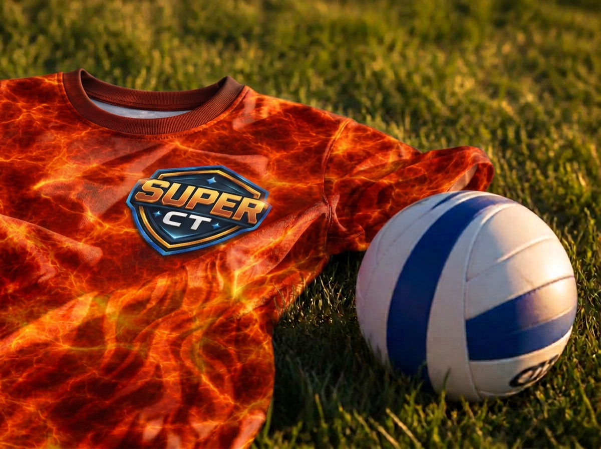 Camiseta do uniforme Super CT com estampa de lava e escudo dourado sobre a grama do campo, ao lado de uma bola de vôlei