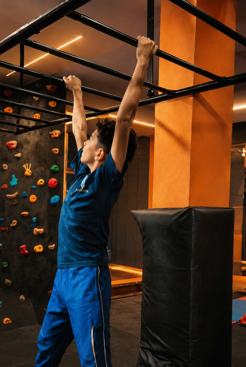 Aluno do Super CT na estrutura de trepa-trepa com parede de escalada ao fundo