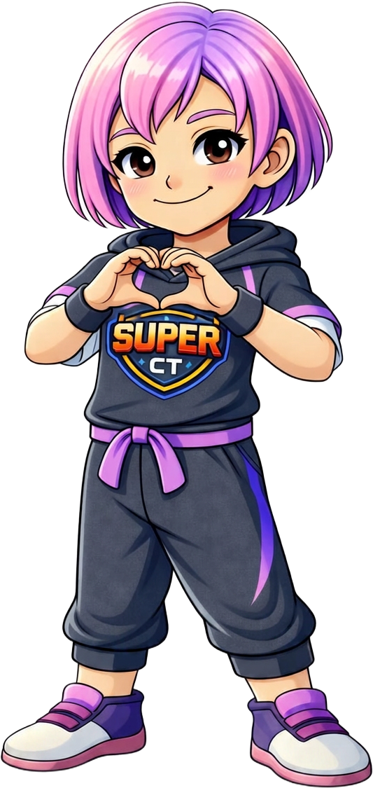 Mascote menina do Super CT fazendo um coração com as mãos