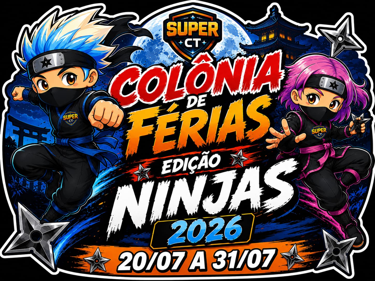 Cartaz Colônia de Férias Edição Ninjas 2026 do Super CT com mascotes ninja e datas 20/07 a 31/07