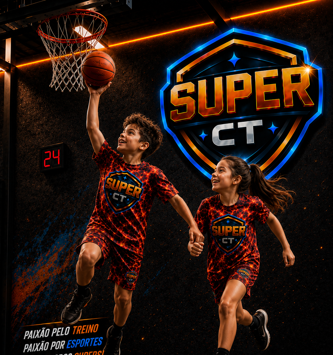 Crianças em ação no basquete do Super CT com logo e cesta