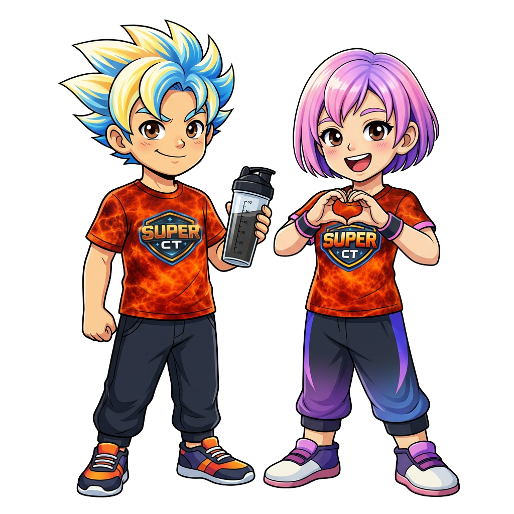 Mascotes do Super CT com uniforme oficial segurando a garrafa coqueteleira preta